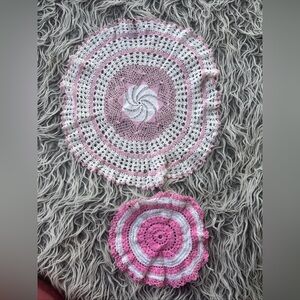 2 Vintage Hand Crocheted Doily- white And  pink